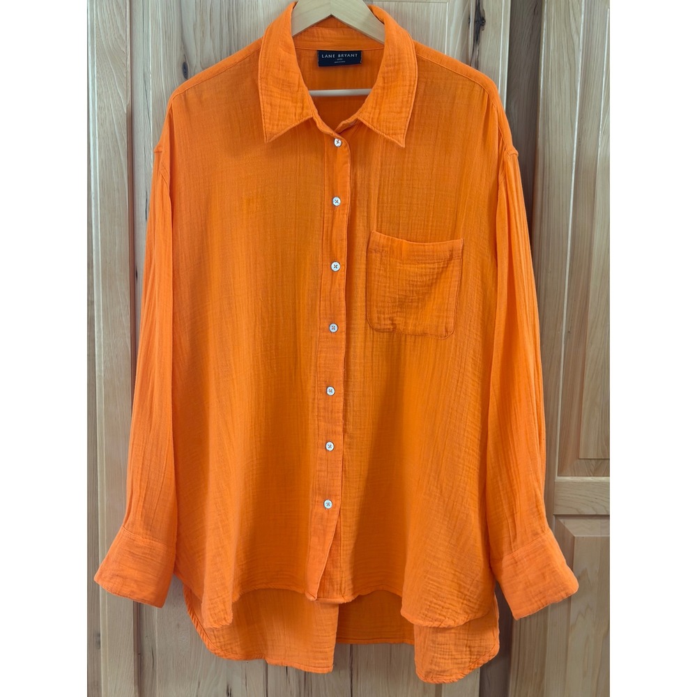 Lane Bryant Orange Cotton Gauze Button Down Shirt Plus Size 18/20 Long Sleeve